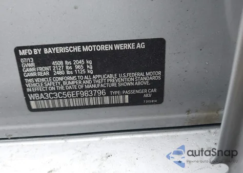 2014 BMW 320I xDrive из США, поврежденный, VIN WBA3C3C56EF983796